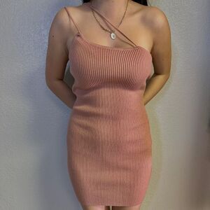 Beige Botany Asymmetric Strap Ribbed Dress NWT